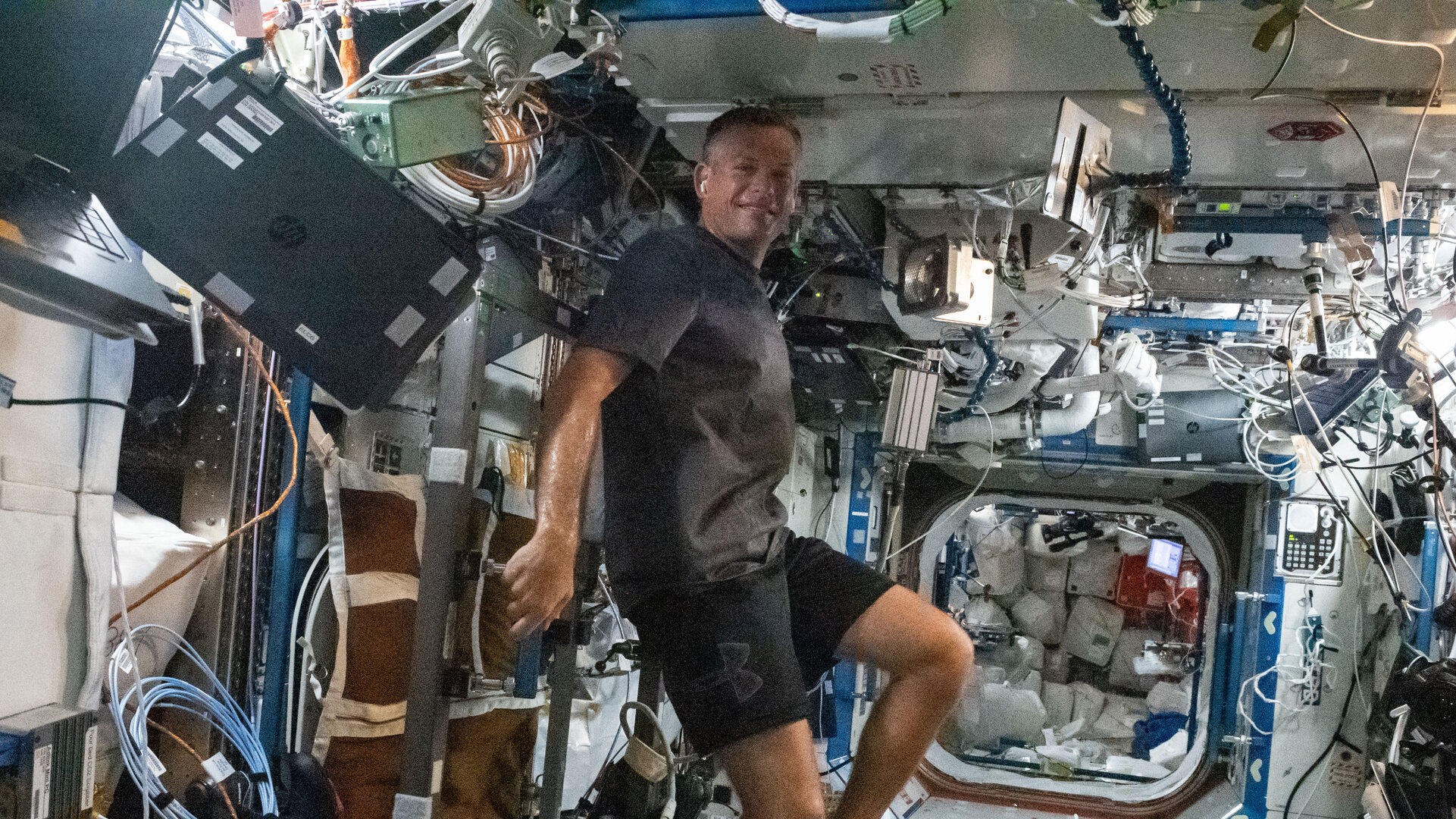 Andreas exercising on the Space Station bike