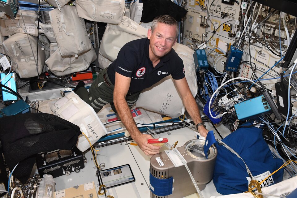 ESA astronaut Andreas Mogensen in the Columbus laboratory on the ISS