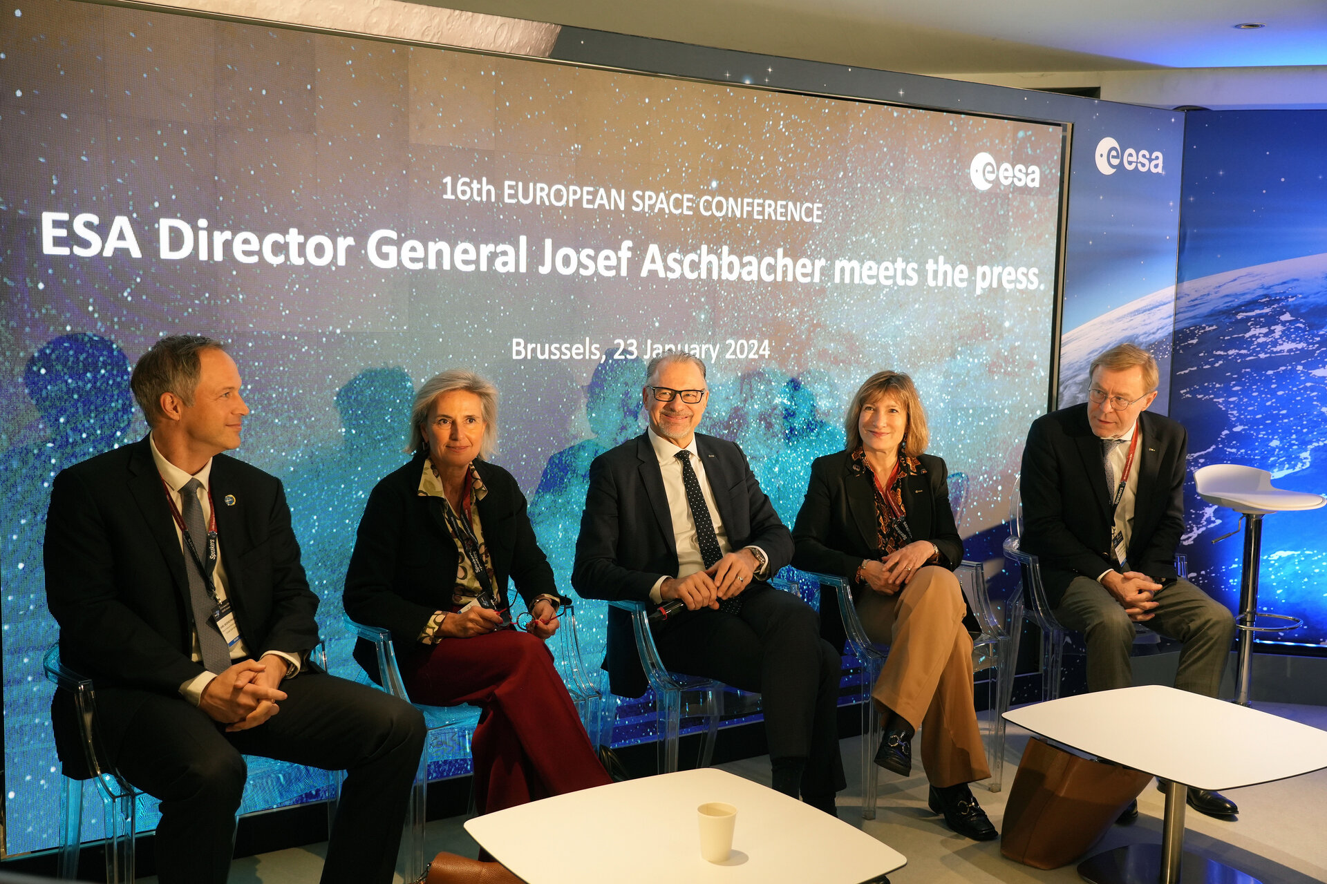 Josef Aschbacher, Daniel Neuenschwander, Simonetta Cheli, Géraldine Naja and Toni Tolker-Nielsen meet the press at the 16th European Space Conference