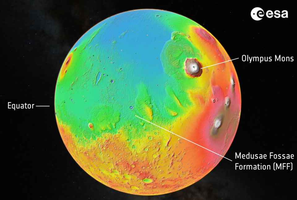 Mapa de altura de la superficie de Marte que muestra la ubicación del MFF