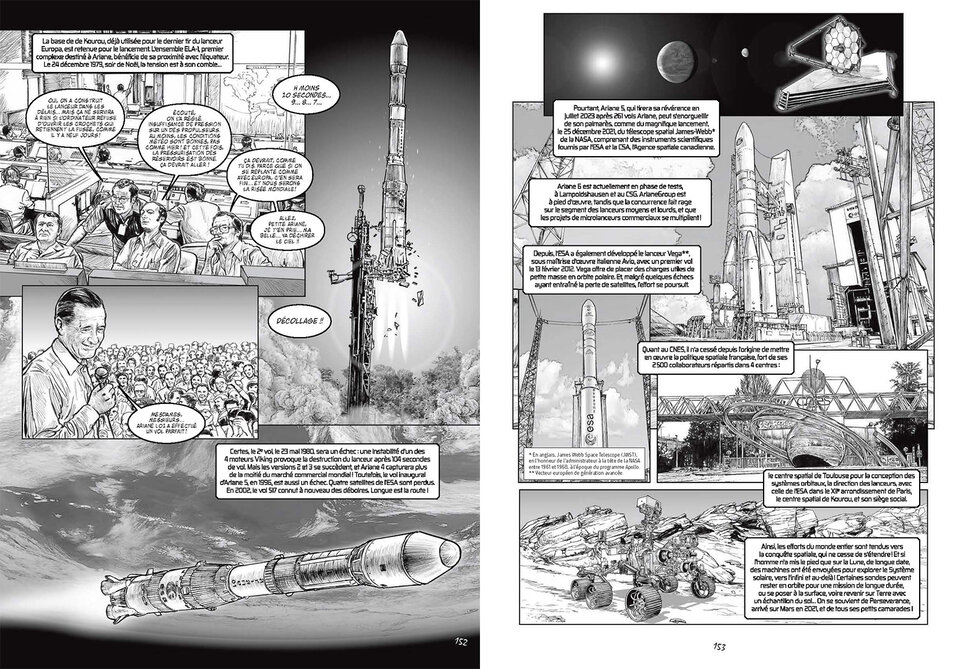 Stunning black-and-white artwork helps to recount the comprehensive history of space, including many of ESA's landmark achievements.