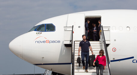 ESA astronaut Thomas Pesquet arrives at the Berlin ExpoCenter Airport aboard the AirZeroG plane, used by astronauts for weightlessness training. 