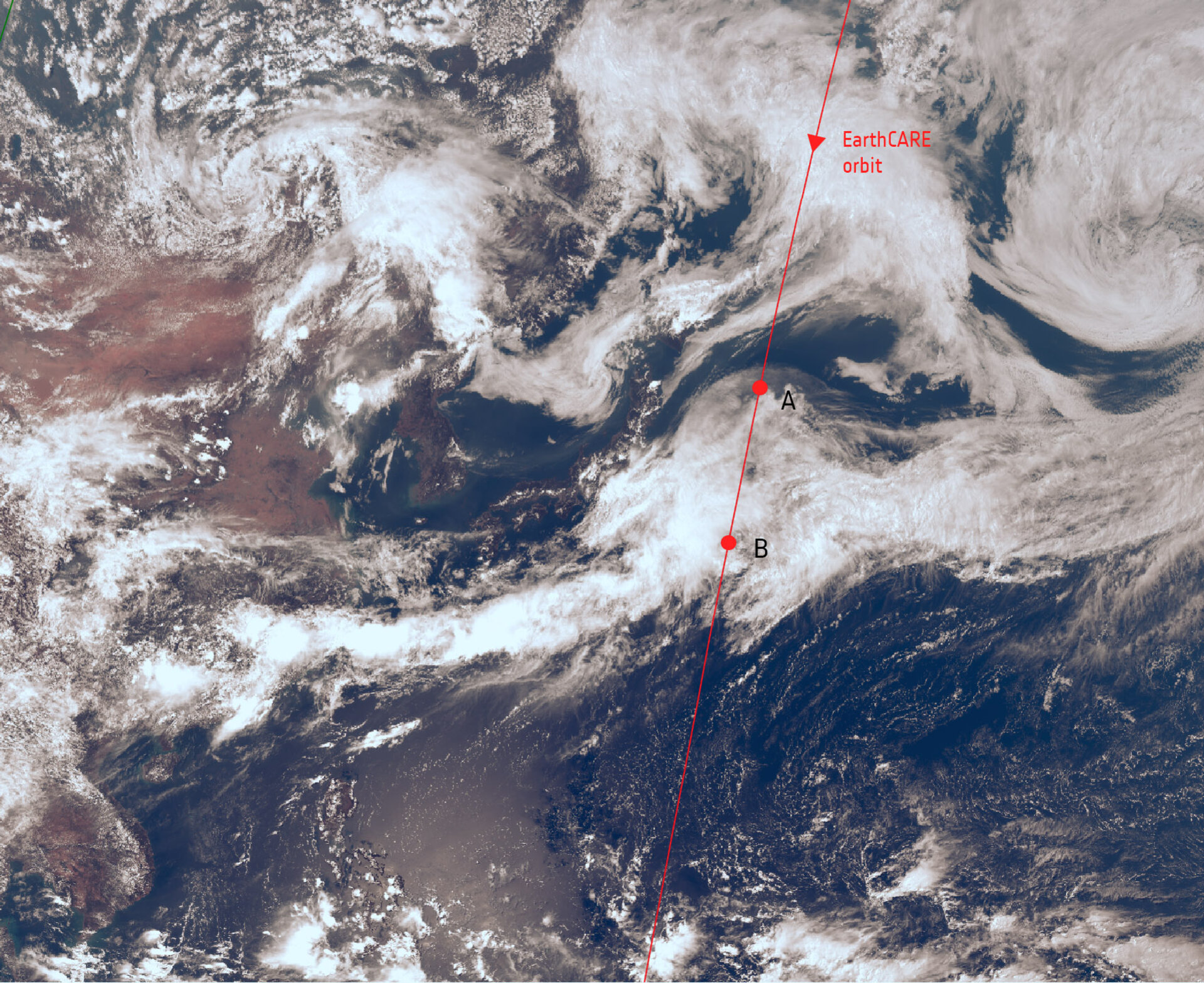 The same cloud imaged from geostationary orbit and EarthCARE track 