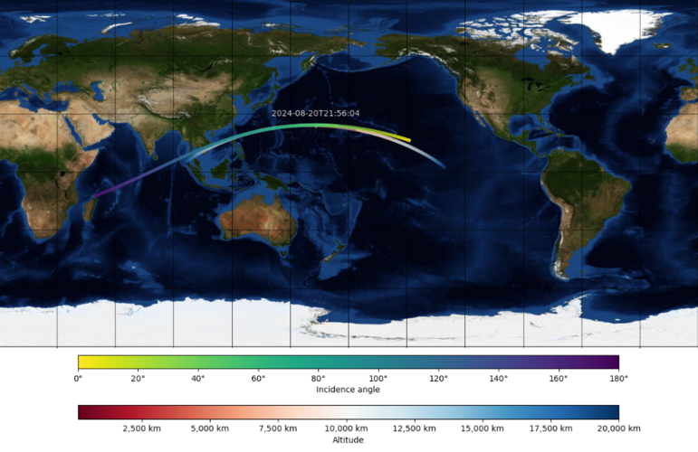Juice's path over Earth during the August 2024 lunar-Earth flyby
