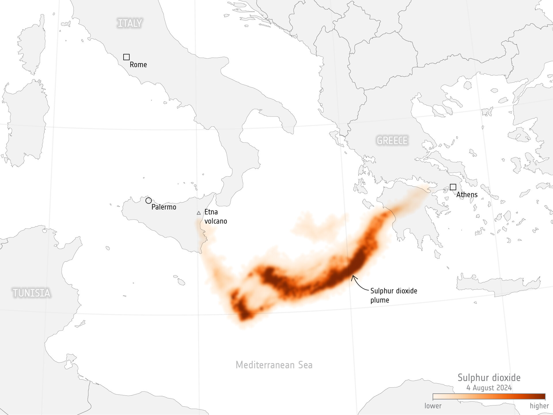 Sulphur dioxide concentrations from Mount Etna, Italy